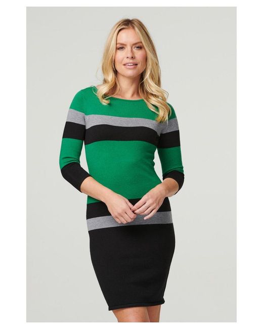 Izabel London Green Striped Colour Block Knit Dress
