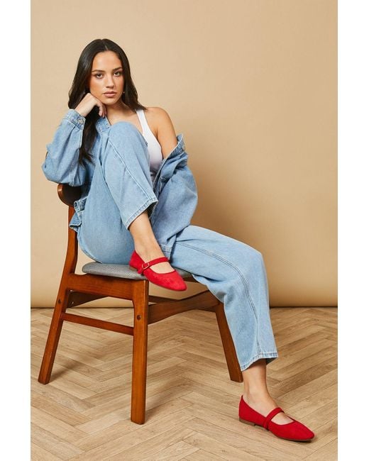 Oasis Blue Buffy Faux Suede Square Toe Mary Jane Ballet Pumps