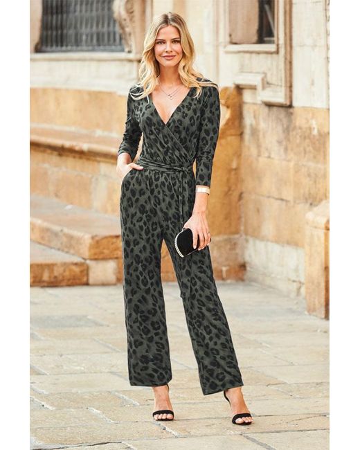 Sosandar White Khaki Print Wrap Front Wide Leg Jumpsuit With Pockets