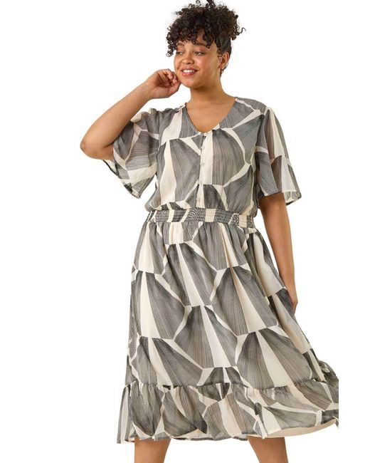 Roman Black Curve Abstract Button Detail Midi Dress