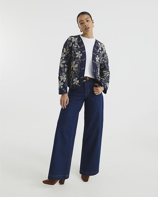 River Island Blue Jacket Long Sleeve Floral Studded Cotton