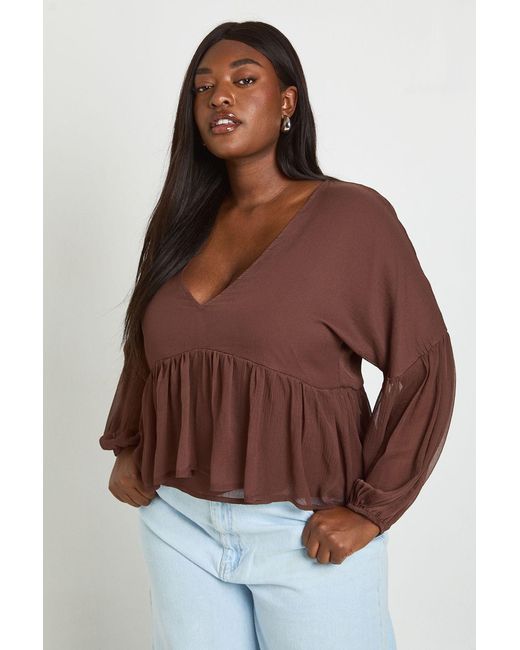 Boohoo Brown Plus Chiffon Ruffle Plunge Blouse