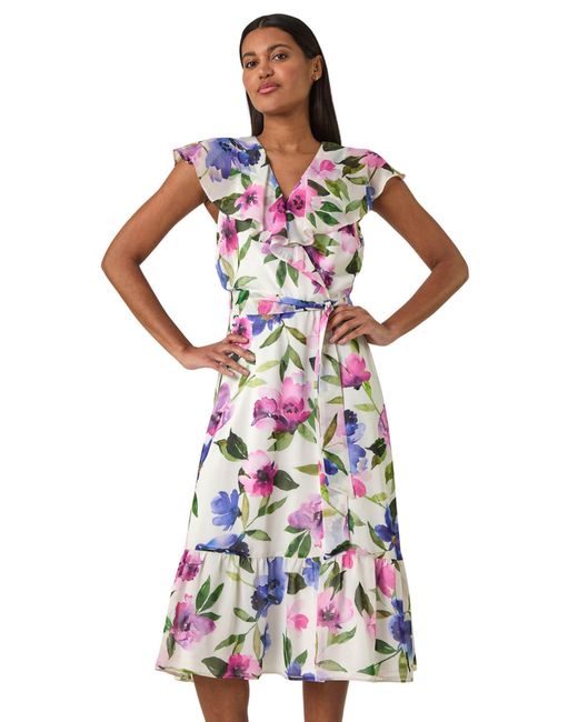Roman White Floral Frill Wrap Midi Dress