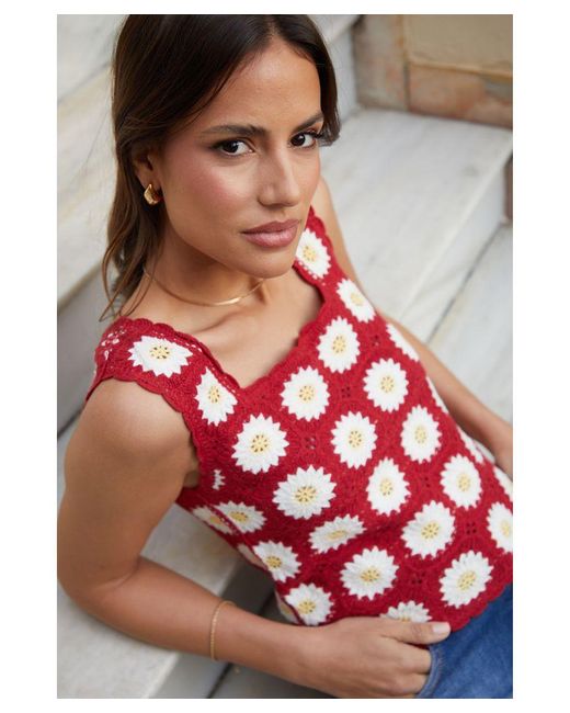 Threadbare Red 'Daffodil' Floral Crochet Knitted Vest
