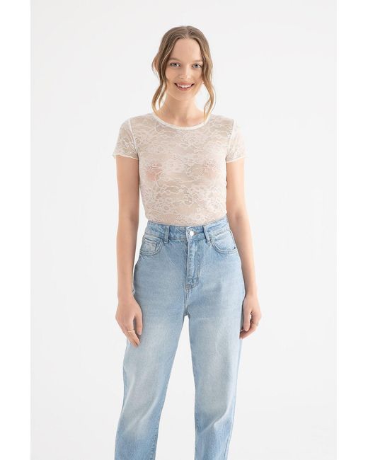 Hiccup Blue Flowers Embroidered Round Neck Mesh Top