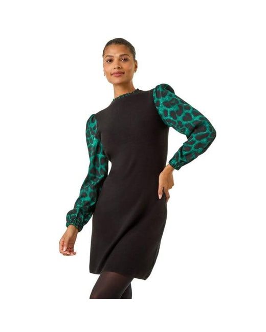 Roman Green Animal Print Mix Frill Short Dress