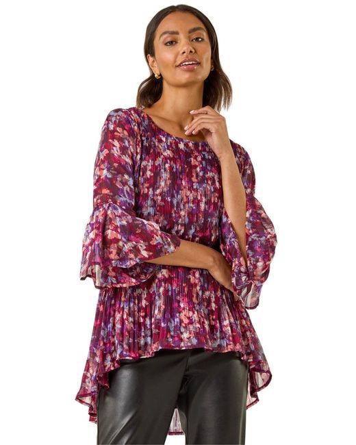 Roman Red Metallic Abstract Pleated Top