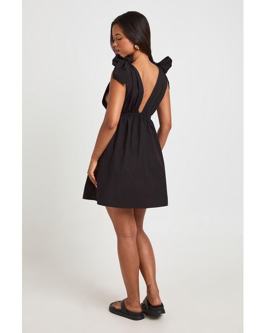 Boohoo Black Cotton Poplin Tie Shoulder Mini Skater Dress