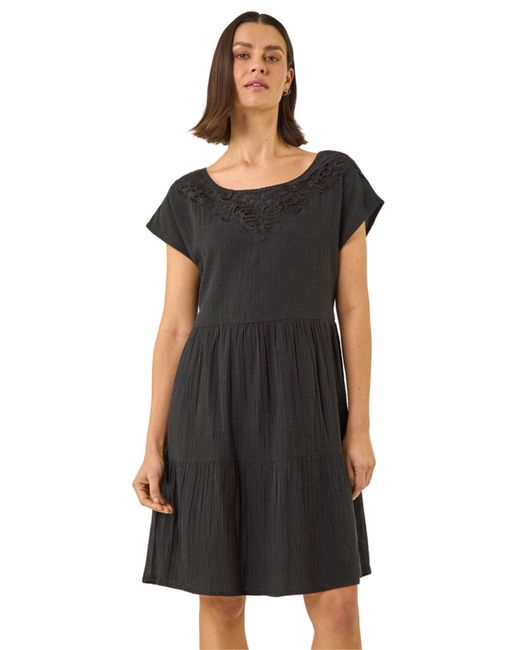 Roman Black Cotton Trim Detail Mini Dress
