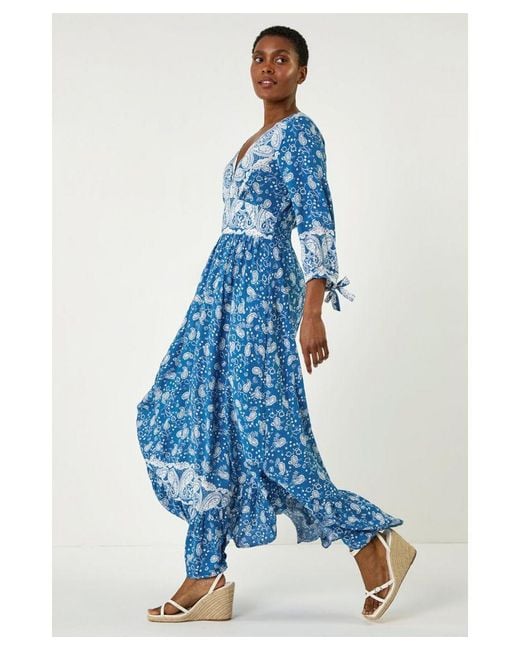 Roman Blue Paisley Print Frill Hem Maxi Dress