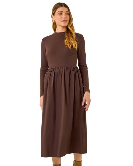 Roman Brown Cotton Stretch Jersey Mix Midi Dress