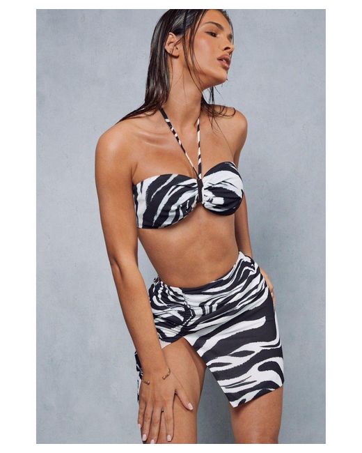 MissPap White Zebra Print Ruched Side Mini Skirt