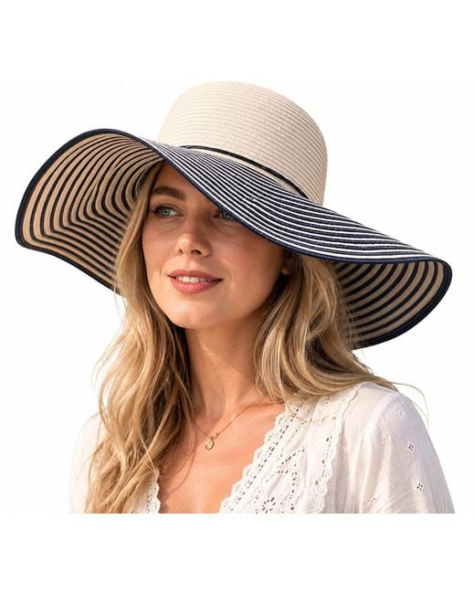 Woodland Leathers Brown Ladies Wide Brim Striped Sun Hat Foldable Adjustable Beach Hat