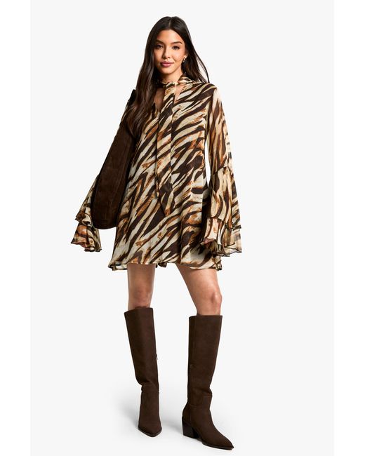 Boohoo Brown Zebra Flare Sleeve Chiffon Smock Dress