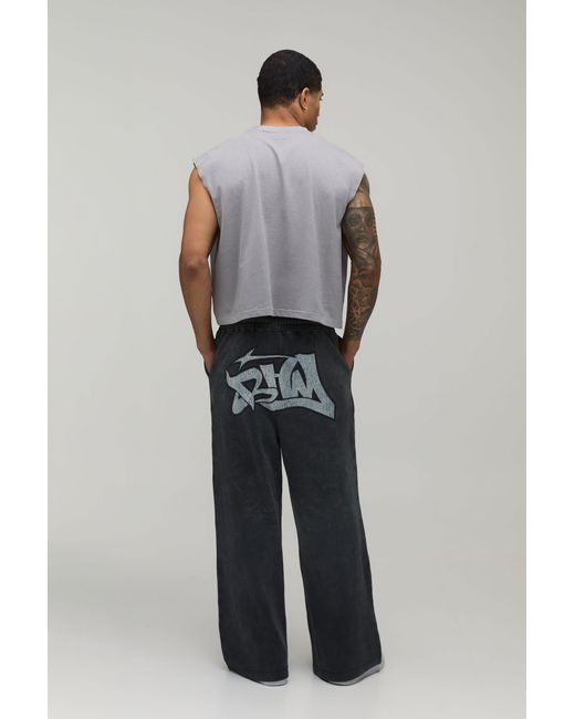 BoohooMAN Black Extreme Wide Leg Graffiti Printed Washed Jogger for men
