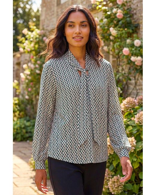 Roman Gray Geo Print Tie Front Tunic Top