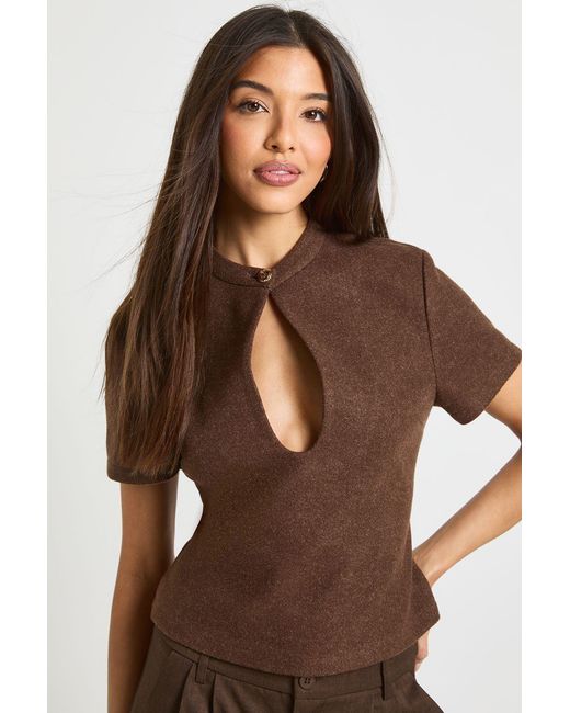 Boohoo Brown Wool Look Keyhole Button Top