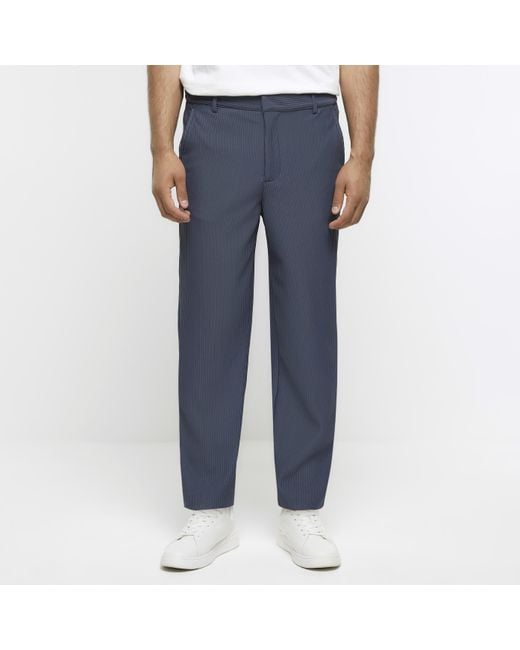 River Island Blue Smart Trousers Tapered Fit Plisse for men