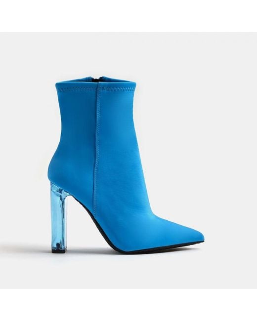 River Island Blue Ankle Boots Perspex Heel Textile