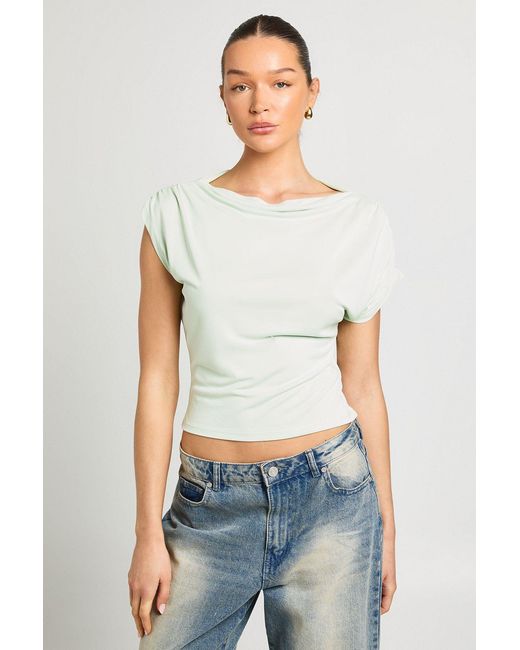 Boohoo White Cupro Ruched Asymmetric Sleeve Drape Top