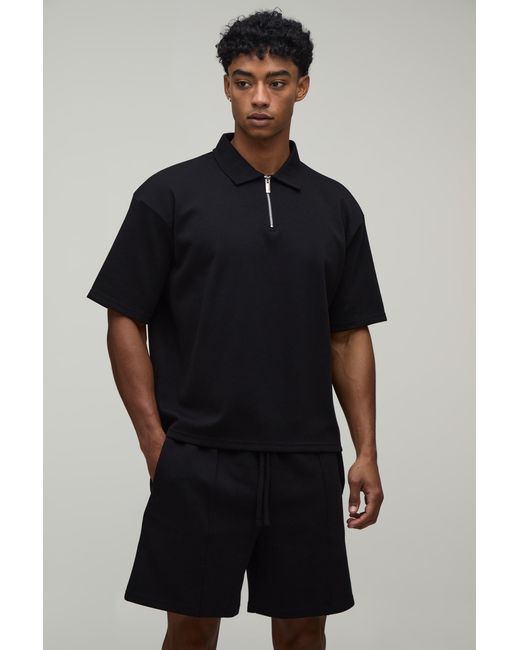 BoohooMAN Black Oversized Boxy Interlock Half Sleeve Polo And Pintuck Short Set for men