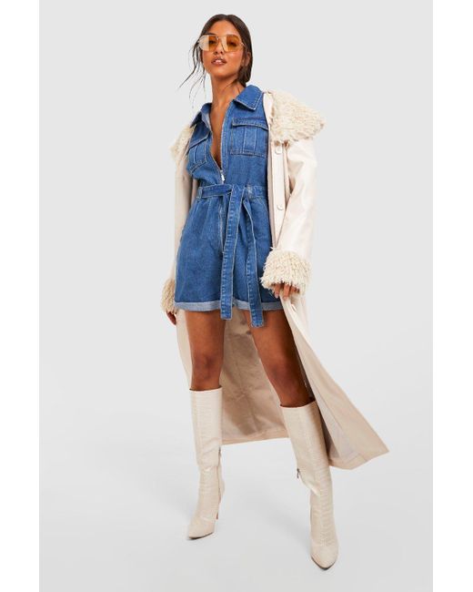 Boohoo Blue Belted Cargo Denim Playsuit