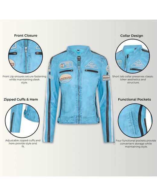 Infinity Leather Blue Biker Racing Badges Jacket-Eastleigh