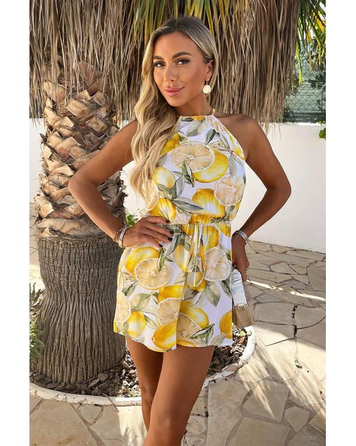 AX Paris Yellow Lemon Print Racer Neck Drawstring Playsuit