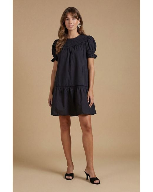 Oasis Blue Broderie Lace Trim Detail Puff Sleeve Mini Dress