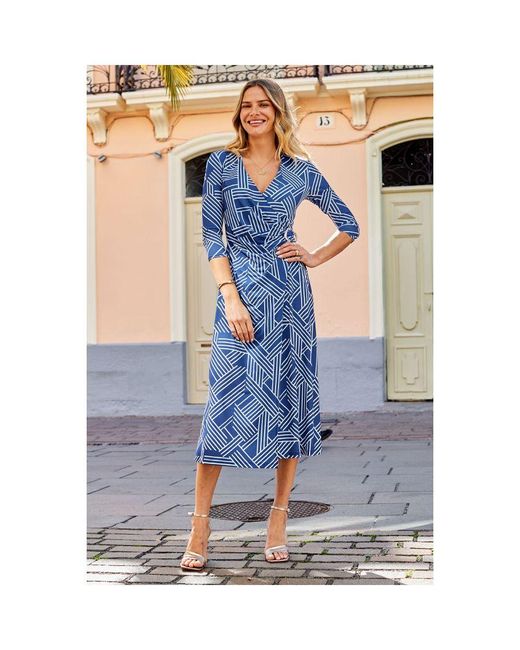 Sosandar Blue Geometric Print Wrap Front Midi Dress
