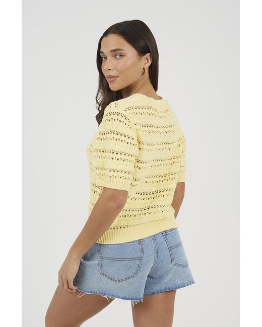 Brave Soul Yellow Short Sleeve Pointelle Knit Crew Neck Cardigan