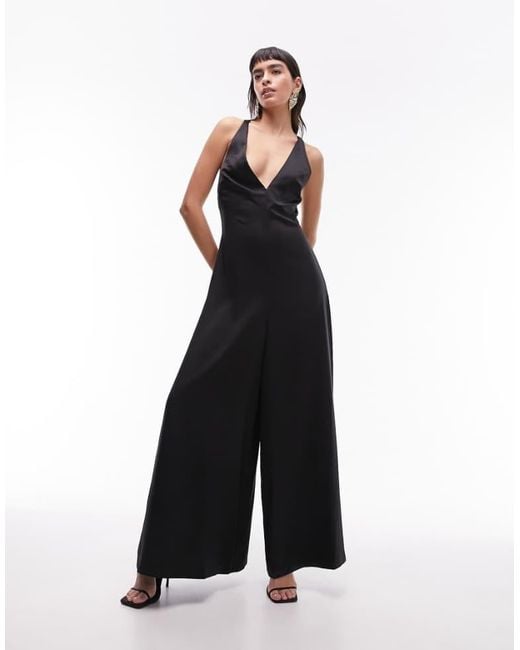 TOPSHOP Black Lattice Back Wide Leg Jumpsuit