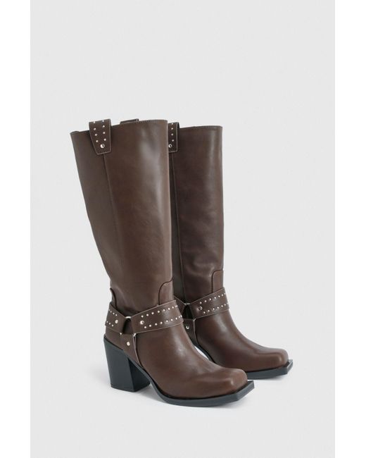 Boohoo Brown Buckle Detail Studded Western Biker Boots