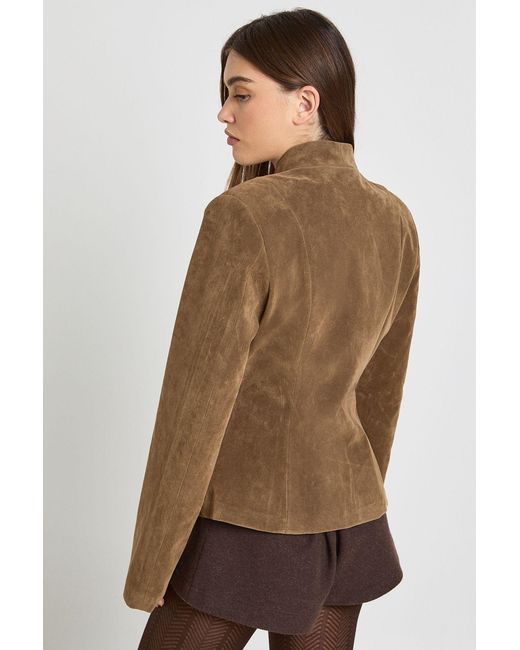 Boohoo Brown Faux Suede Collarless Cinched Waist Blazer