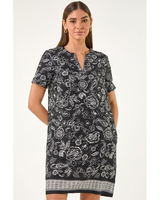 Roman Black Paisley Print Linen Blend Shift Dress