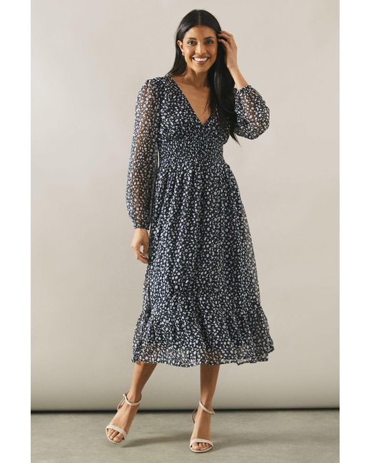 Wallis Blue Printed V Neck Blouson Sleeve Midi Dress