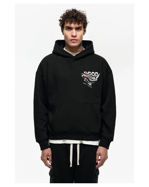 Good For Nothing Black Oversized Cotton Blend Printed Hoodie for men