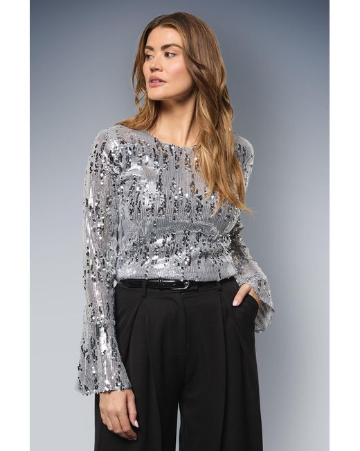 Wallis Gray Sequin Flared Sleeve Top