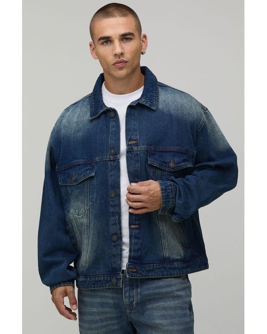 BoohooMAN Blue Boxy Oversized Washed Denim Jacket for men