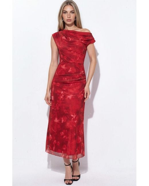 Hiccup Red Patterned Lined Tulle Knit Midi Dress