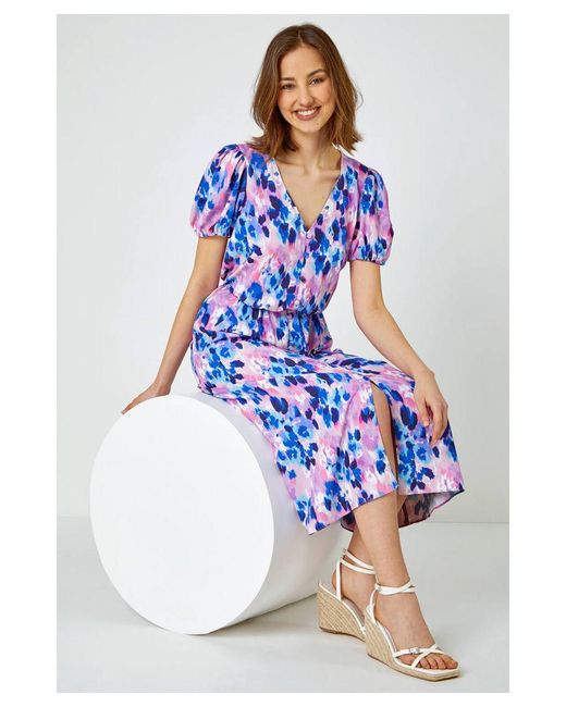 Roman Blue Floral Print Button Detail Midi Dress