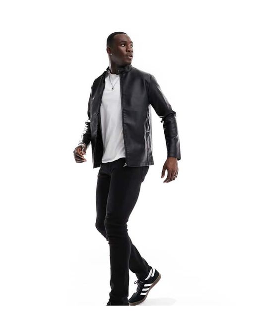 French Connection Black Tall Faux Leather Racer Jacket for men