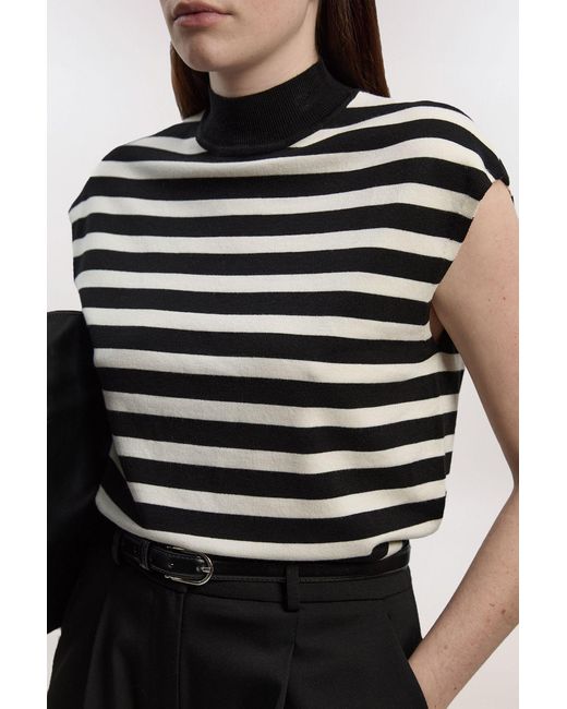 Karen Millen Black Viscose Blend High Neck Stripe Knitted Tank Top