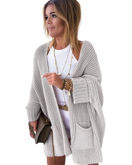 Azura Exchange White Oversized Knit Cardigan With Pocket