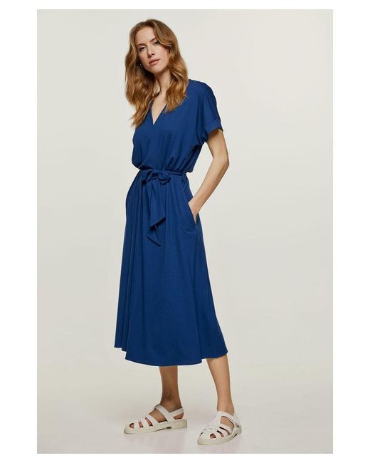 Conquista Blue Jersey Belted Midi Dress