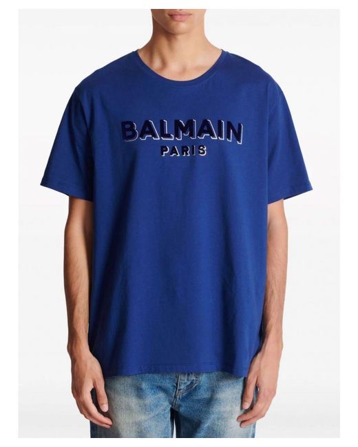 Balmain Blue Crewneck Oversized T-Shirt With Velvet Logo for men