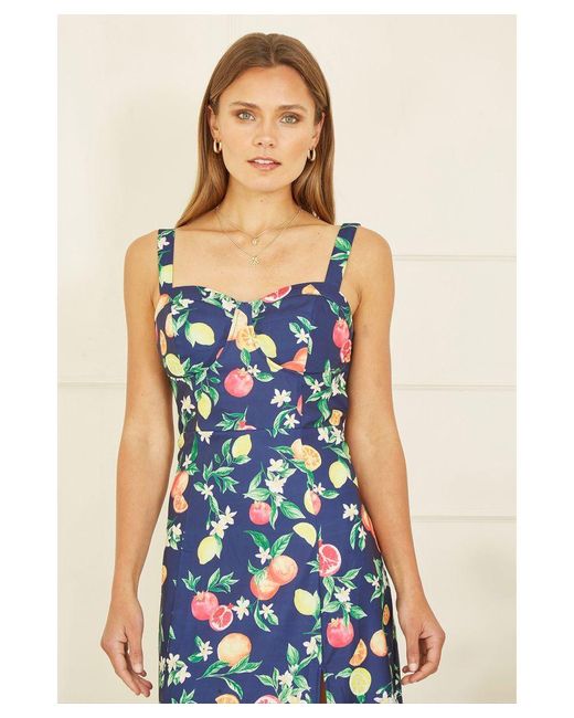 Yumi' Blue Fruit Print Strappy Sundress With Front Split