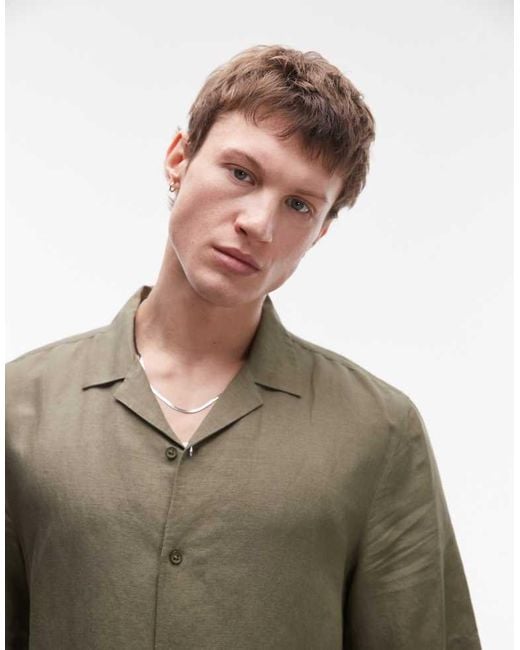 Topman Green Regular Fit Short Sleeve Linen Blend Shirt for men