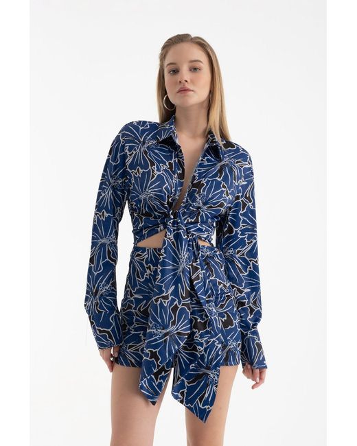 Hiccup Blue Floral Polo Collar Tie Front Side Cut Out Long Sleeve Mini Dress