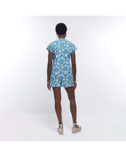 River Island Blue Playsuit Aztec Short Sleeve Cotton